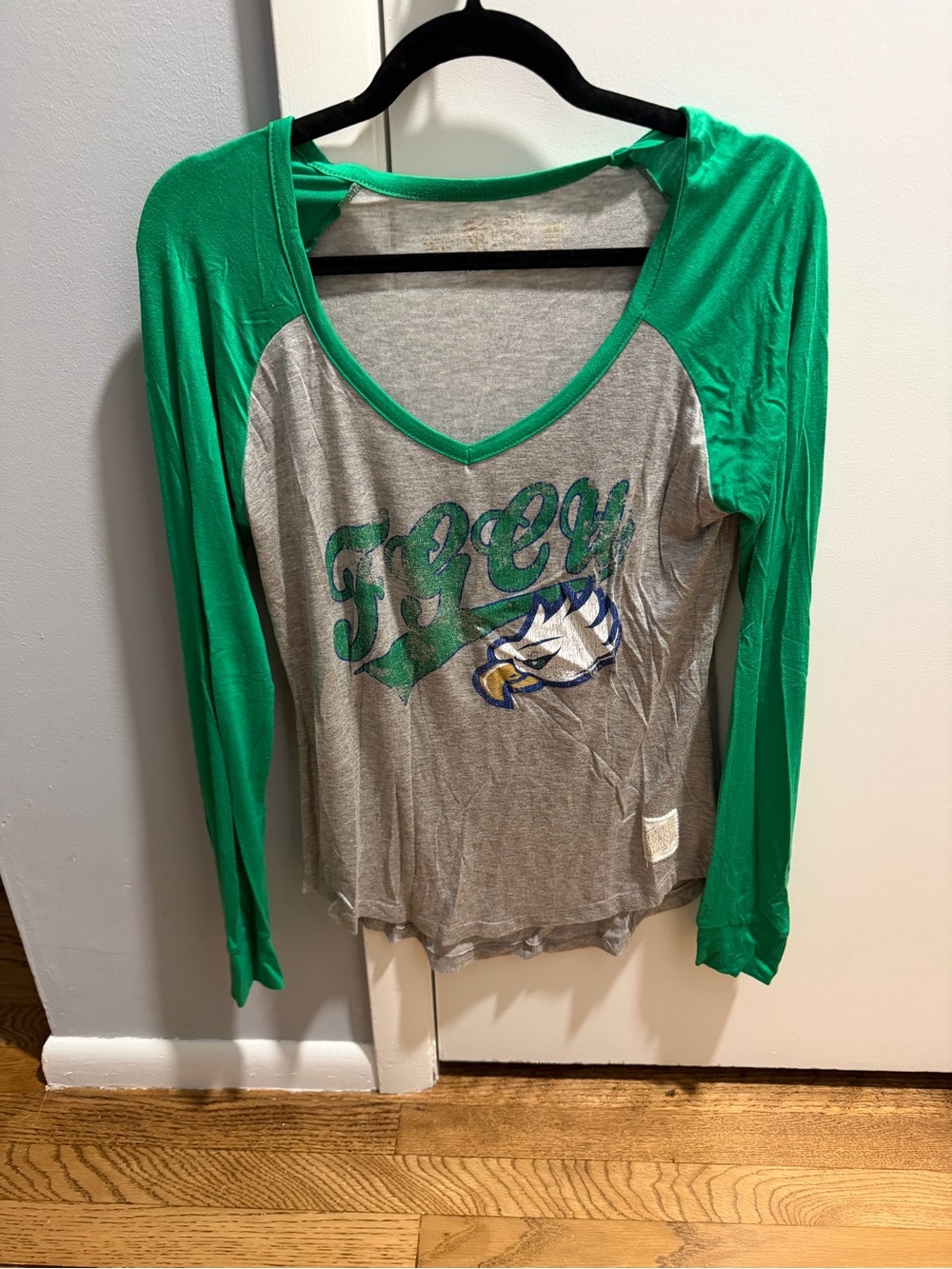 FGCU Green and Gray V-Neck Raglan Graphic Top